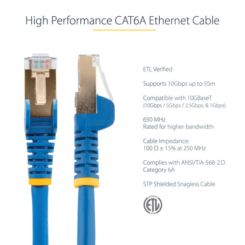 StarTech.com 35ft CAT6a Ethernet Cable - 10 Gigabit Shielded RJ45 - Blue
