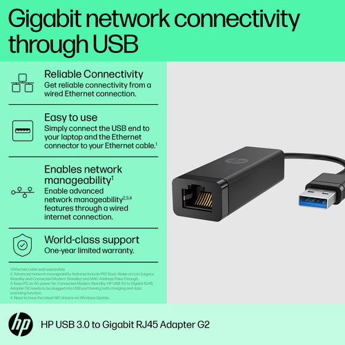 USB 3.0 to Gigabit RJ45 Ethernet Adapter HP G2 Wired Black