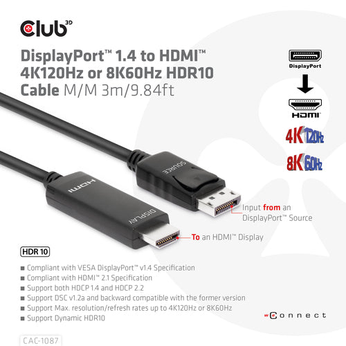 CLUB3D CAC-1087 DisplayPort 1.4 to HDMI Adapter - 4K120Hz/8K60Hz