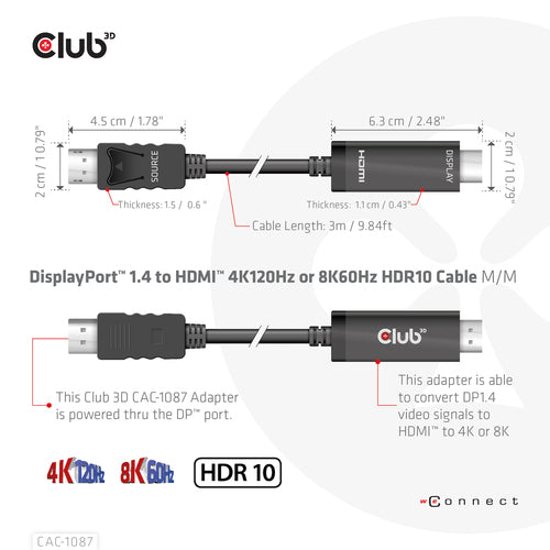 CLUB3D CAC-1087 DisplayPort 1.4 to HDMI Adapter - 4K120Hz/8K60Hz