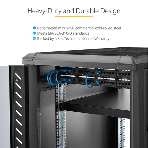 StarTech.com Verstellbare 1HE Rack Ablage – 150 kg Tragkraft – Robuster Stahl – Schwarz