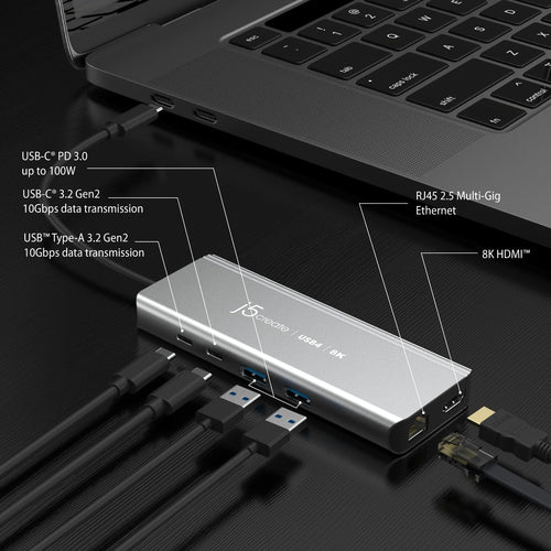USB4 8K Multi-Port Hub j5create JCD403 Grey HDMI RJ-45 USB 3.2
