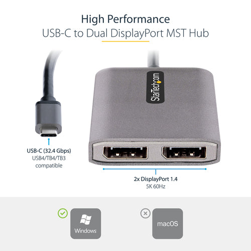 StarTech.com MST14CD122DP USB-C to Dual DisplayPort Adapter - 5K 60Hz Multi-Monitor Hub