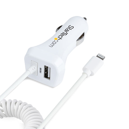 Dual USB Car Charger Adapter 12W with 1m Coiled Lightning Cable - StarTech.com
