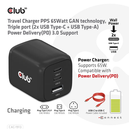 CLUB3D CAC-1913 Mobile Device Charger - 65W Triple Port USB-C & USB-A, GAN Technology