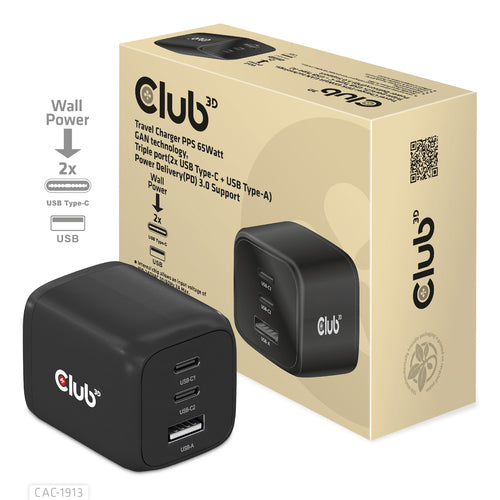 CLUB3D CAC-1913 Mobile Device Charger - 65W Triple Port USB-C & USB-A, GAN Technology
