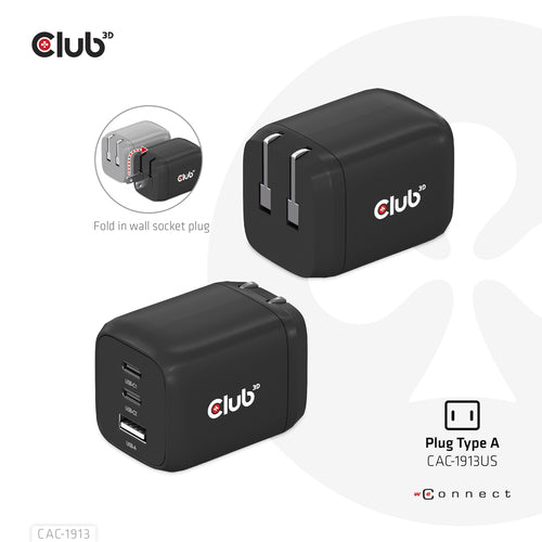 CLUB3D CAC-1913 Mobile Device Charger - 65W Triple Port USB-C & USB-A, GAN Technology