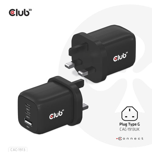 CLUB3D CAC-1913 Mobile Device Charger - 65W Triple Port USB-C & USB-A, GAN Technology