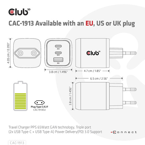 CLUB3D CAC-1913 Mobile Device Charger - 65W Triple Port USB-C & USB-A, GAN Technology