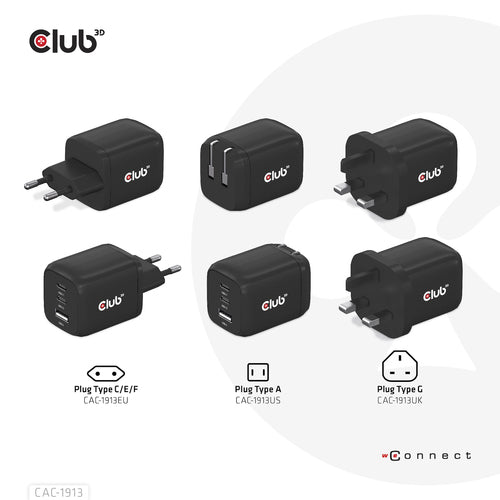 CLUB3D CAC-1913 Mobile Device Charger - 65W Triple Port USB-C & USB-A, GAN Technology