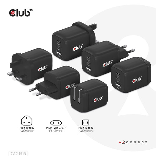 CLUB3D CAC-1913 Mobile Device Charger - 65W Triple Port USB-C & USB-A, GAN Technology