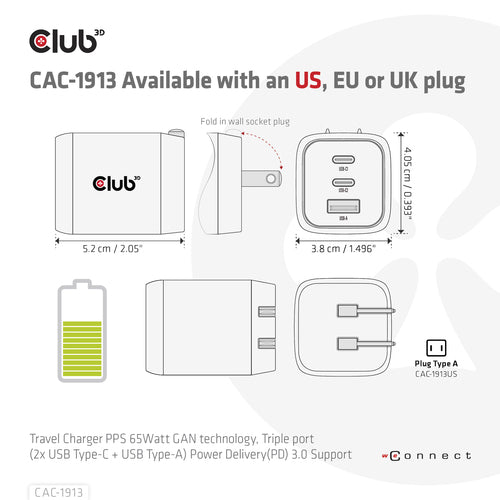 CLUB3D CAC-1913 Mobile Device Charger - 65W Triple Port USB-C & USB-A, GAN Technology