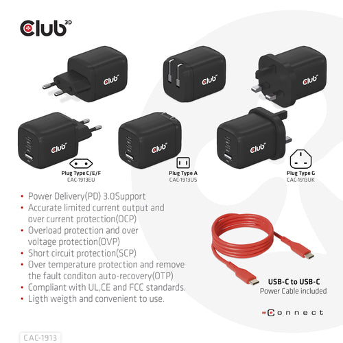 CLUB3D CAC-1913 Mobile Device Charger - 65W Triple Port USB-C & USB-A, GAN Technology