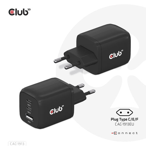 CLUB3D CAC-1913 Mobile Device Charger - 65W Triple Port USB-C & USB-A, GAN Technology