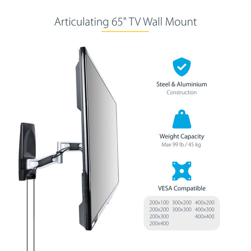 StarTech.com Schwenkbare TV-Wandhalterung 26-65 Zoll – Unterstützt Flachbild-/Curved-TVs – Schwarz/Silber