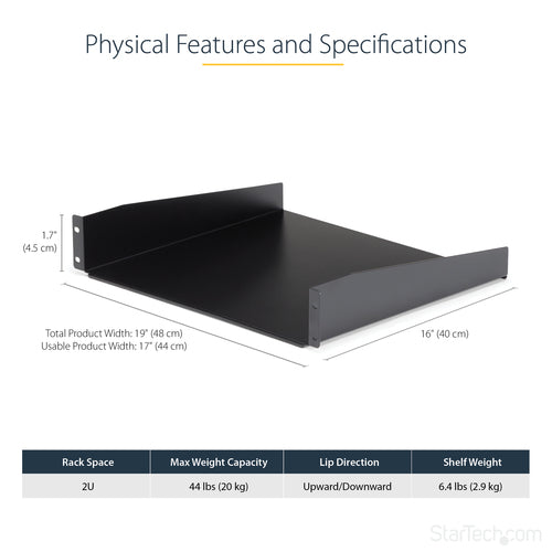 StarTech 2U Rack Shelf - Heavy Duty Steel - 44lb Capacity - Universal Cantilever Shelf
