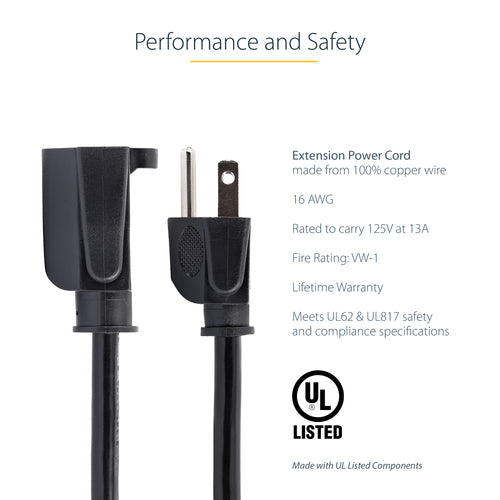 StarTech.com 3 m Stromverlängerungskabel – NEMA 5-15R auf NEMA 5-15P, 13A 125V, schwarz