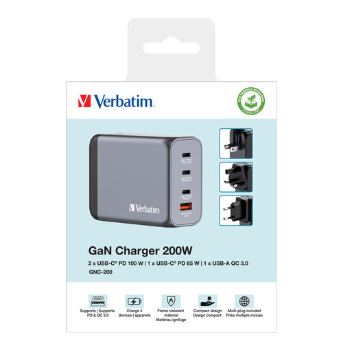 200W GaN-Ladegerät Verbatim GNC-200 USB-C PD 100W Schwarz Grau