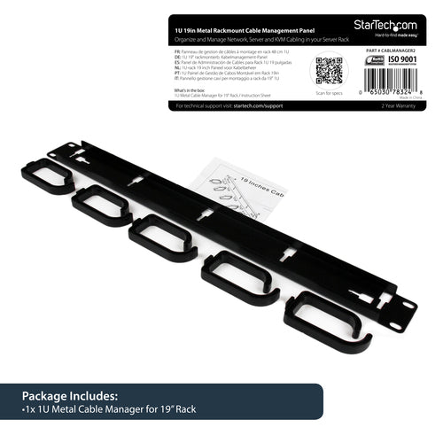 19 Inch Metal Rackmount Cable Management Panel Steel Black 1U