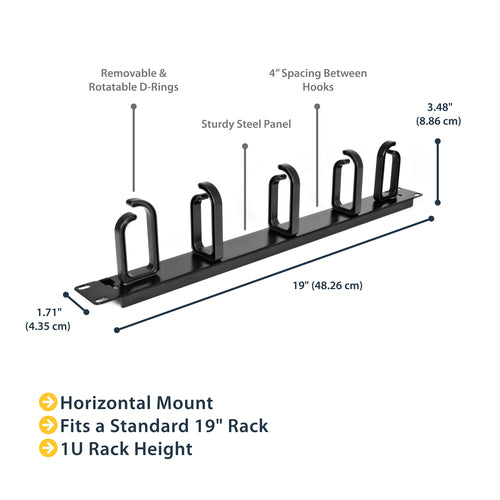 19 Inch Metal Rackmount Cable Management Panel Steel Black 1U
