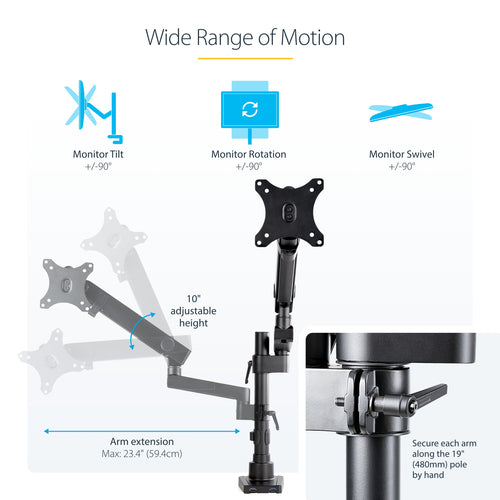 StarTech.com ARMPIVOT2USB3 Full Motion Monitor Arm with USB 3.0 - Black