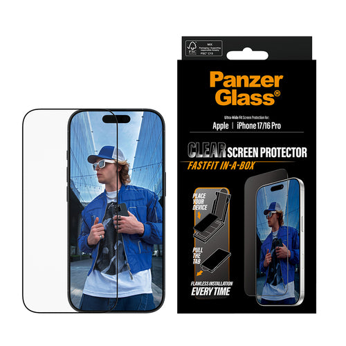 PanzerGlass ® Screen Protector iPhone 17 | iPhone 16 Pro | Ultra-Wide Fit w. Fastfit in-a-box