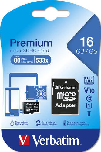 Verbatim Premium 16GB MicroSDHC Class 10 Speicherkarte – Schneller 10 MB/s Speicher