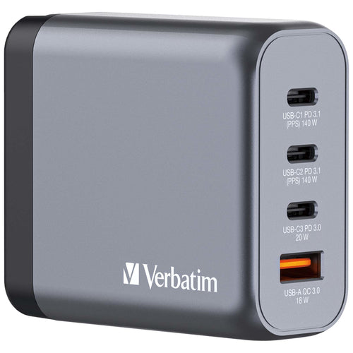 Verbatim GNC-140 GaN Charger 140W - Fast Charging USB-C & USB-A - Black/Grey