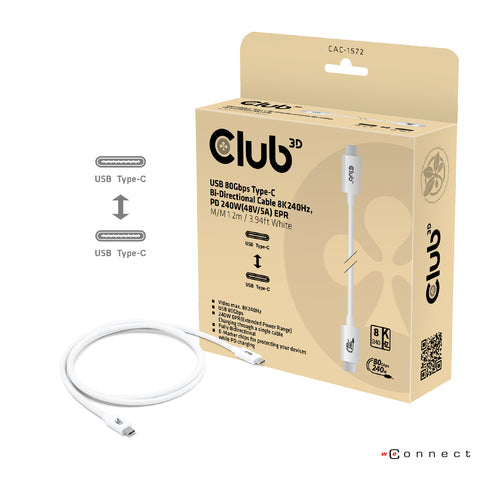 CLUB3D CAC-1572 USB-C 80Gbps Kabel - 240W Power Delivery - 8K240Hz - Weiß