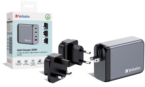 200W GaN-Ladegerät Verbatim GNC-200 USB-C PD 100W Schwarz Grau
