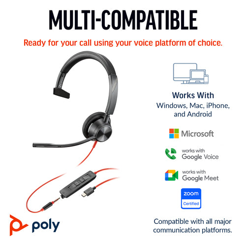 Poly Blackwire 3315 Monaural Microsoft Teams Certified USB-C Headset +3.5mm Plug +USB-C/A Adapter