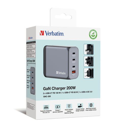 200W GaN-Ladegerät Verbatim GNC-200 USB-C PD 100W Schwarz Grau