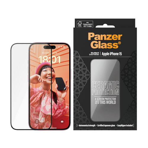 PanzerGlass ® Ceramic Protection for iPhone 15 | Ultra-Wide Fit w. EasyAligner