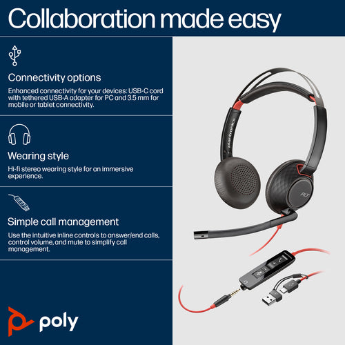 Poly Blackwire 5220 Stereo USB-C Headset +3.5mm Plug +USB-C/A Adapter