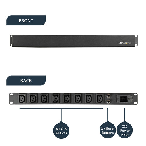 StarTech.com PDU08C13H 1U Rackmount-Stromverteilerleiste – 8-Port, 16 A, 240 V