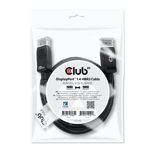 CLUB3D DisplayPort 1.4 HBR3 Cable - 2m - 8K at 60Hz - Male to Male