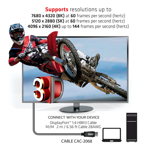CLUB3D DisplayPort 1.4 HBR3 Cable - 2m - 8K at 60Hz - Male to Male