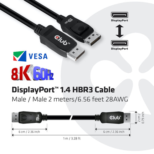 CLUB3D DisplayPort 1.4 HBR3 Cable - 2m - 8K at 60Hz - Male to Male