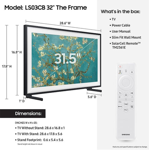 Samsung The Frame QN32LS03CBFXZA 32" QLED Smart TV | Full HD 1920x1080 | Wi-Fi | Schwarz