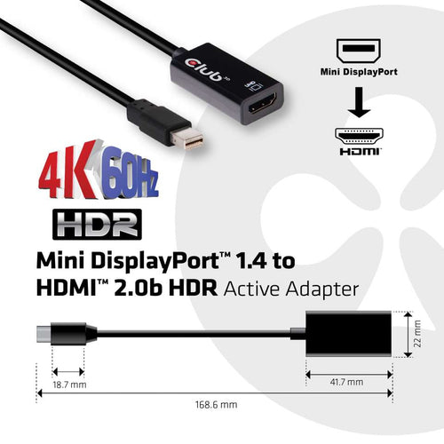 CLUB3D Mini DisplayPort 1.4 auf HDMI 2.0b aktiver Adapter - Schwarz - Kabel Gender Changer