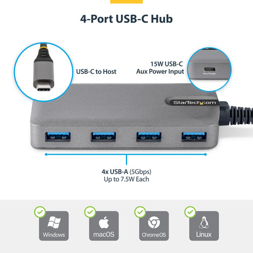 USB-C Hub 4-Port USB 3.2 Gen 1 5Gbps mit USB-A-Anschlüssen