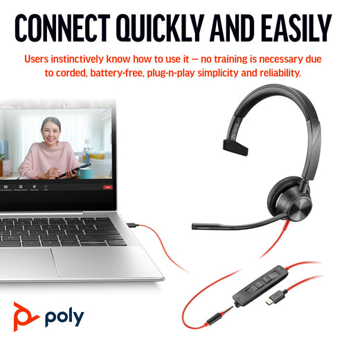 Poly Blackwire 3315 Monaural Microsoft Teams Certified USB-C Headset +3.5mm Plug +USB-C/A Adapter