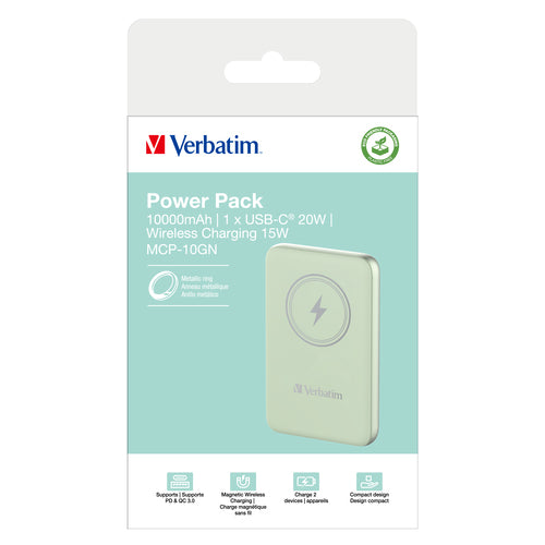 Verbatim Charge 'n' Go Magnetische kabellose Powerbank 10000mAh – Grün, Quick Charge 3.0