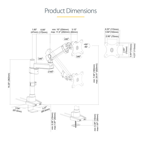 StarTech.com ARMPIVOT2USB3 Full Motion Monitor Arm with USB 3.0 - Black