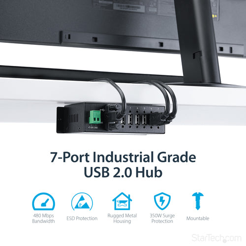 StarTech.com USB 2.0 Hub mit 7 Ports – Industrieller USB-A Hub aus Metall mit Überspannungsschutz