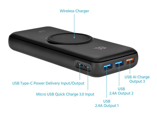 Power Bank Monoprice Wireless 20000mAh Quick Charge 3.0 Wireless Charging Black