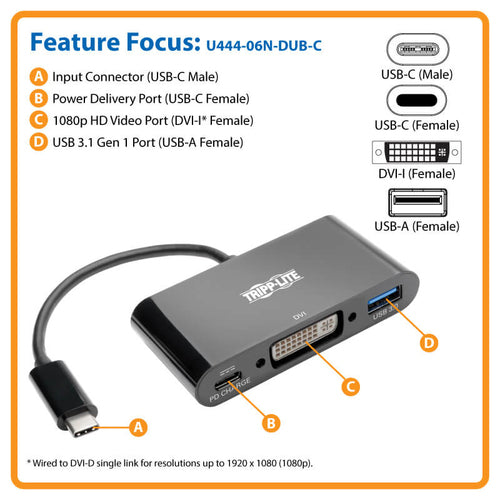 USB-C to DVI Adapter with USB Hub Tripp Lite U444-06N-DUB-C 1920x1080