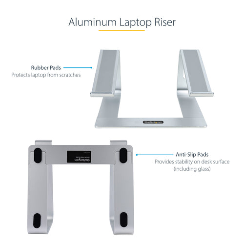 StarTech Ergonomic Aluminum Laptop Stand - Silver - Supports 5kg - Compatible with MacBook & Dell XPS