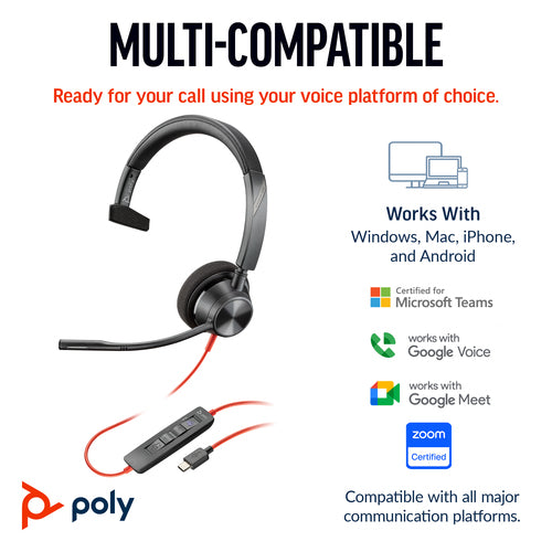 Kabelgebundenes USB-C Headset HP Poly Blackwire 3310 Monaural Leichtgewichtig 103g
