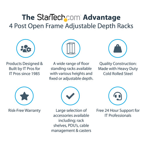 StarTech.com 12HE 4-Post Mobile Open Frame Server Rack – Einstellbare Tiefe & Kabelmanagement